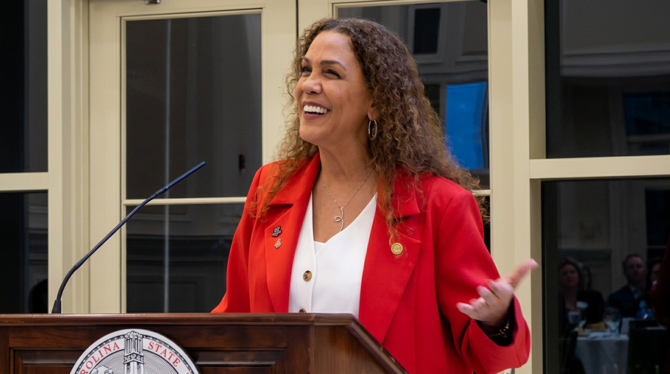Suha Beidas Zehl smiling at the podium during a keynote presentation